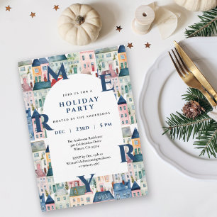Winter festive Village Blue Merry Christmas Party Invitation
