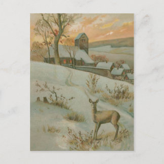 Winter Field Deer Church Snow Postcard