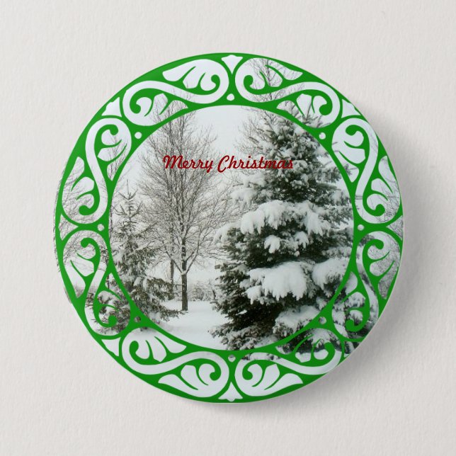 Winter Fir Trees, Merry Christmas 3 Inch Round Button (Front)