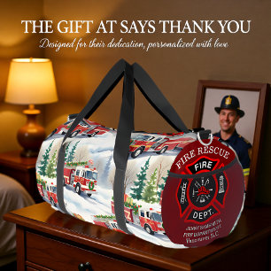 Winter Fire Truck Holiday Personalized Duffle Bag
