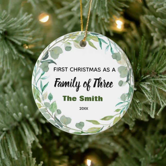 Winter First Christmas as a Family of Three Ceramic Ornament (Tree)