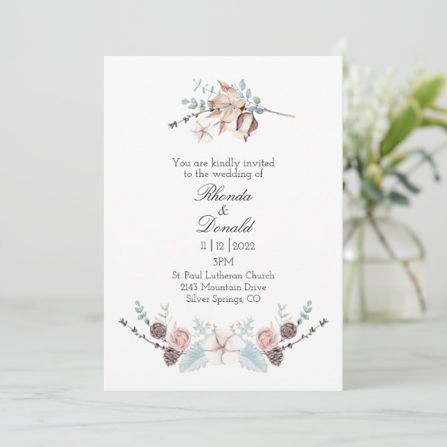Winter floral and Foliage Watercolor Wedding Invitation (Standing Front)