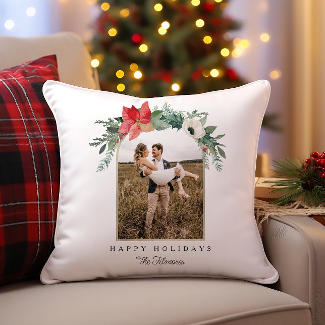 Winter Floral Arch Happy Holidays Photo Throw Pillow (Winter Floral Arch Happy Holidays Photo Throw Pillow)