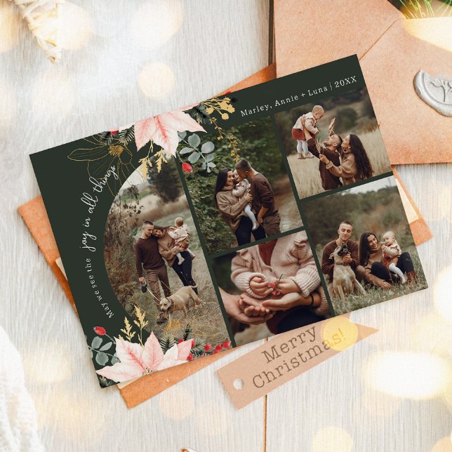 Winter Floral Arch Joy In All Things Five Photo Holiday Card (Creator Uploaded)