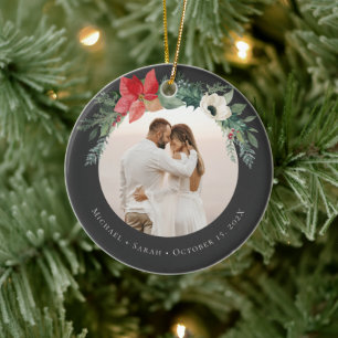 Winter Floral Arch Merry Christmas Photo Ceramic Ornament