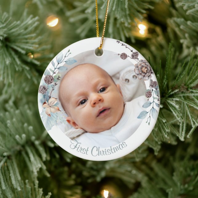 Winter Floral Baby's First Christmas Photo Ceramic Ceramic Ornament (Tree)