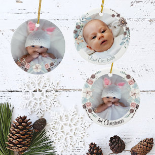 Winter Floral Baby's First Christmas Photo Ceramic Ornament
