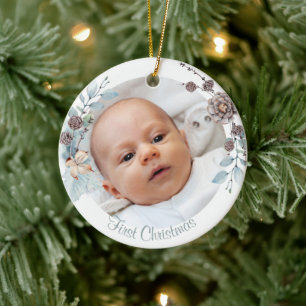 Winter Floral Baby's First Christmas Photo Ceramic Ornament