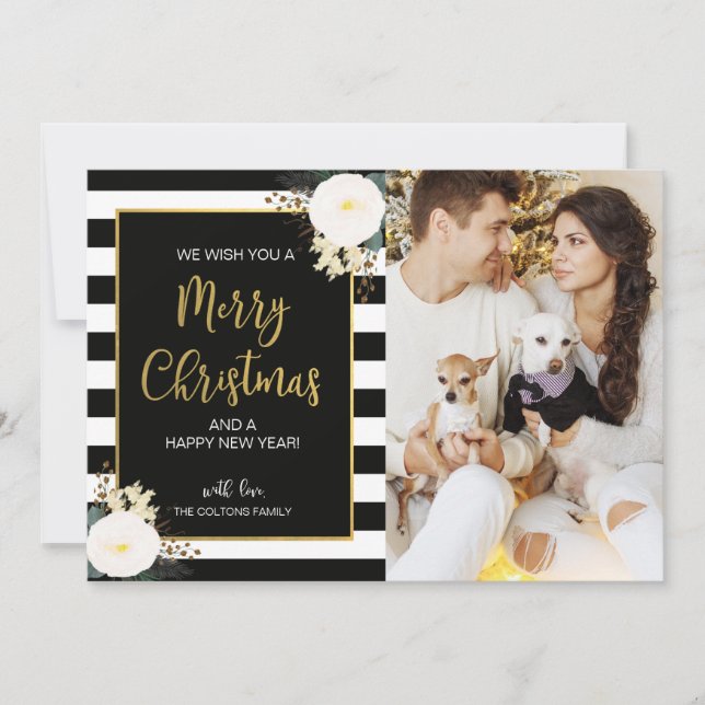 Winter Floral Black Stripe Christmas Photo Card (Front)