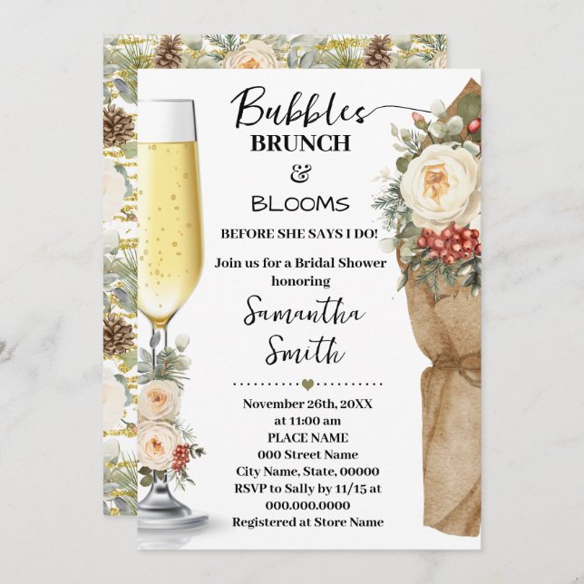Winter Floral Bubbles Brunch & Bloom Bridal Shower Invitation (Front/Back)
