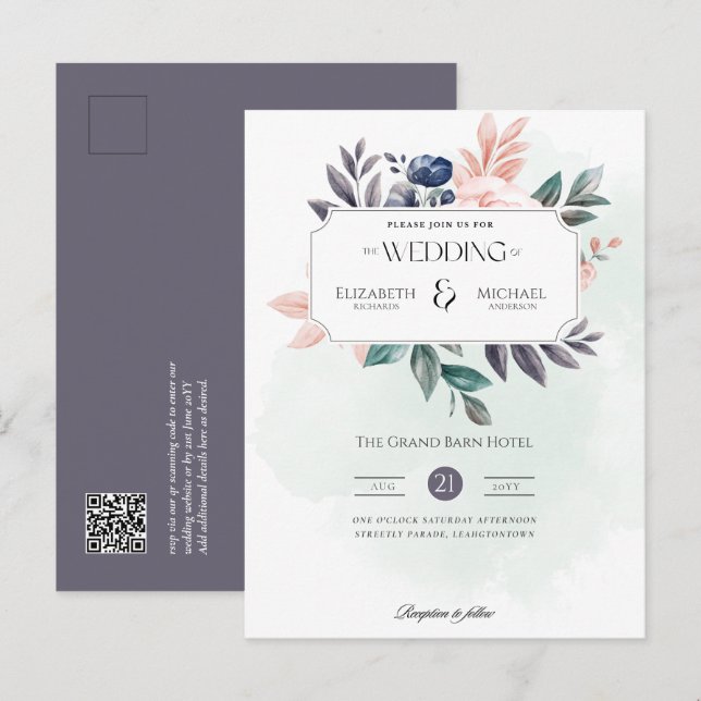 Winter Floral Budget Wedding Invitation QR Code Postcard (Front/Back)