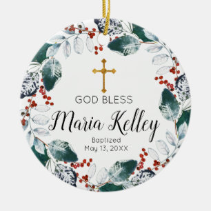 Winter Floral Burgundy Personalized Girl Baptism Ceramic Ornament