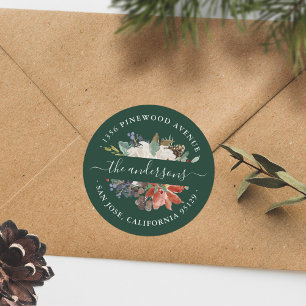 Winter Floral Christmas Holiday Address Envelope Classic Round Sticker