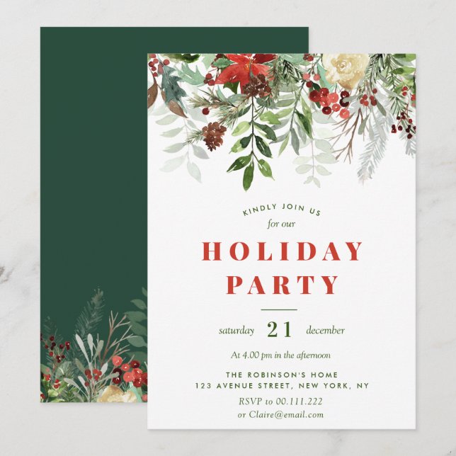 Winter floral christmas holiday party invitation (Front/Back)