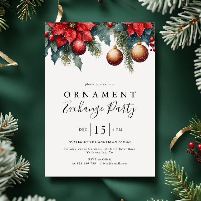 Winter Floral Christmas Ornament Exchange Party Invitation (Creator Uploaded)