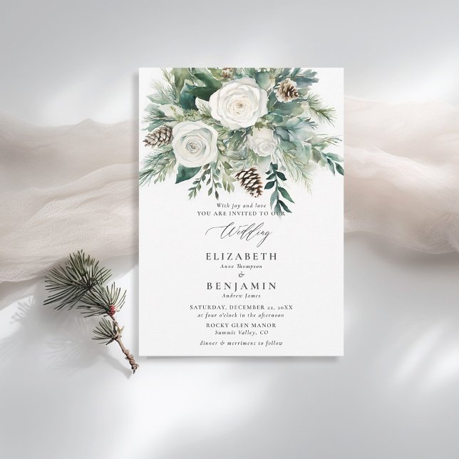 Winter Floral Christmas Watercolor Elegant Wedding Invitation (winter wedding invitation christmas floral botanical pine tree cone white roses rustic cozy elegant)