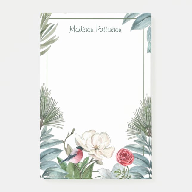 Winter Floral Christmas Watercolor Personalized Post-it Notes (Front)