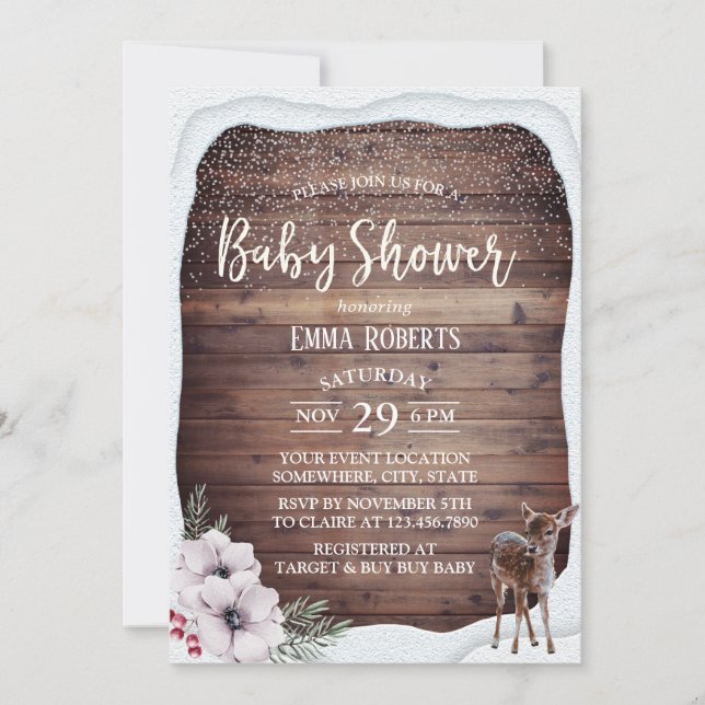 Winter Floral Cute Deer Baby Shower Invitation (Front)