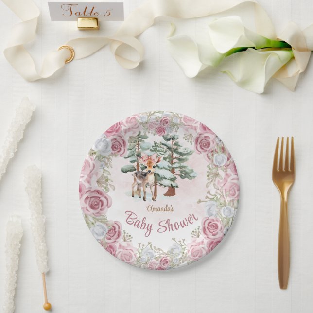 Winter Floral Deer Girl Baby Shower  Paper Plate (Wedding)