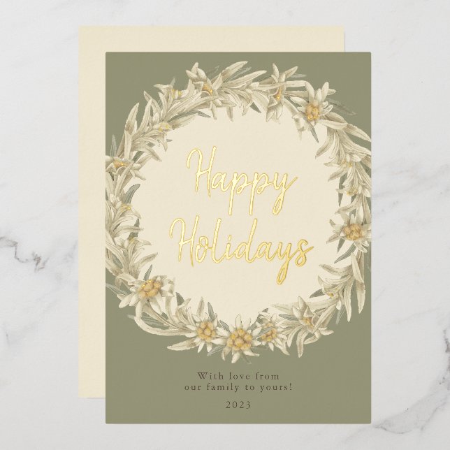 Winter Floral Edelweiss Alpine Foil Holiday Card (Front/Back)