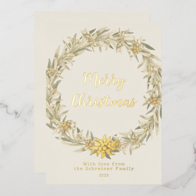 Winter Floral Edelweiss Alpine Foil Holiday Card (Front/Back)