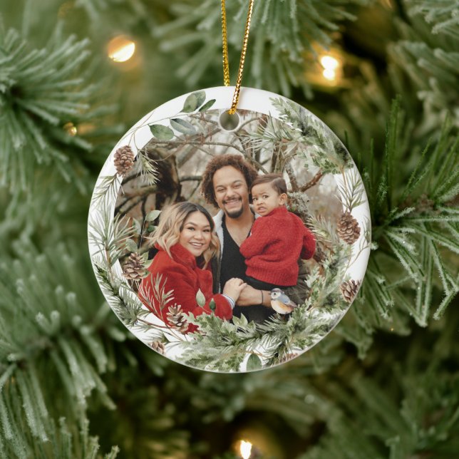 Winter Floral Family First Christmas Custom Photo Ceramic Ornament (Tree)