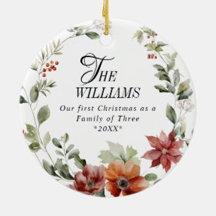 Winter Floral Family First Christmas Custom Photo Ceramic Ornament