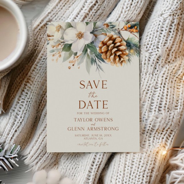 Winter Floral Flowers Pine Tree Cone Wedding Save The Date (Creator Uploaded)