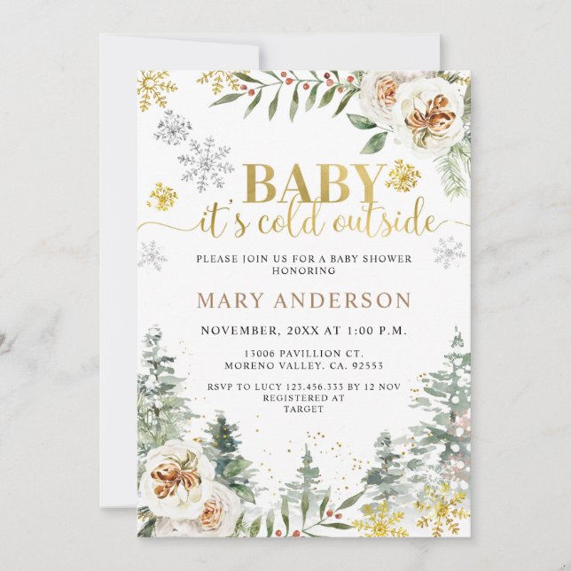 Winter Floral Forest It's Cold Outside Baby Shower Invitation (Front)