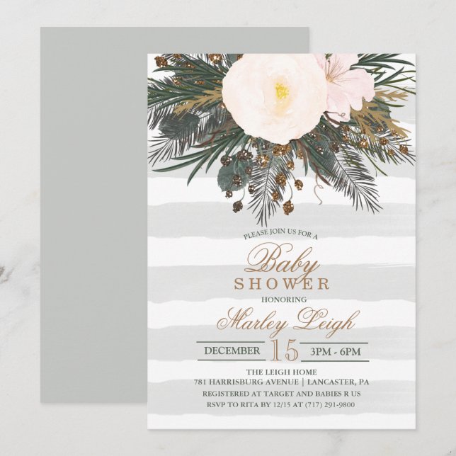 Winter Floral Glitter Baby Shower Invitation (Front/Back)