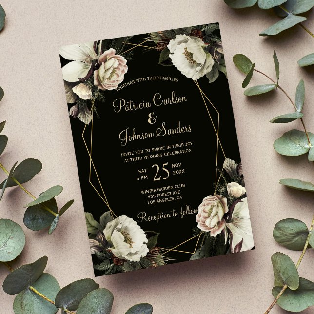 Winter floral gold geometric frame wedding invitation (Creator Uploaded)