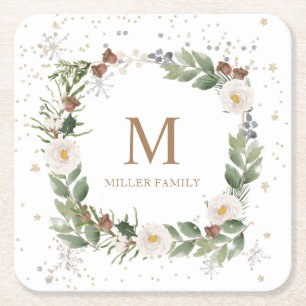 winter floral gold sparkle holiday monogram square paper coaster