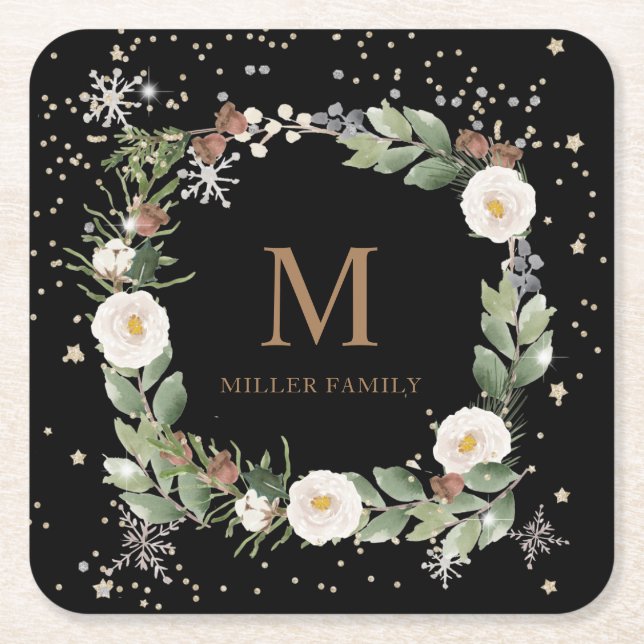 winter floral gold sparkle holiday monogram square square paper coaster (Front)