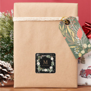 winter floral gold sparkle holiday monogram square square sticker