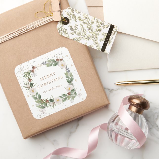winter floral gold sparkle holiday monogram square sticker (Gifting)