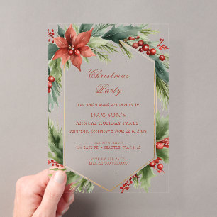 Winter Floral Green Gold Christmas Party Acrylic Invitations