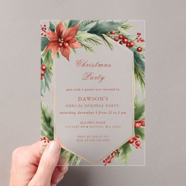 Winter Floral Green Gold Christmas Party Acrylic Invitations (Insitu (Handheld))