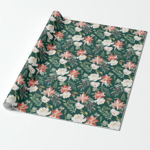 Winter Floral Green Holiday Wrapping Paper