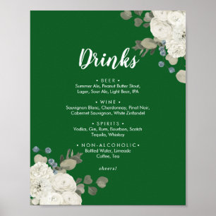 Winter Floral Green Wedding Drinks Menu Sign