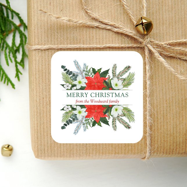 Winter Floral Greenery Merry Christmas Watercolor Square Sticker (Creator Uploaded)