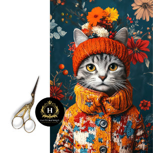 Winter Floral Grey Cat Decoupage Tissue Paper