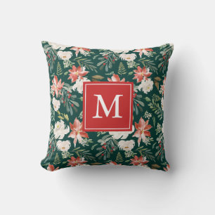 Winter Floral   Holiday Monogram Throw Pillow