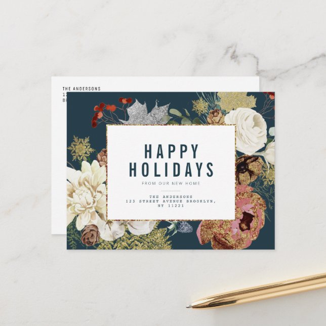 winter floral holiday moving announcement postcard (Front/Back In Situ)