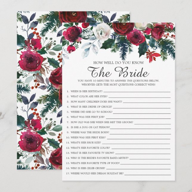 Winter Floral How Well Do You Know The Bride Game Invitation (Front/Back)