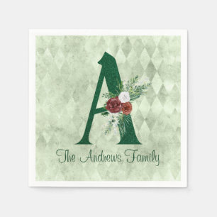 Winter Floral Illustrated Letter A Personalized   Napkin