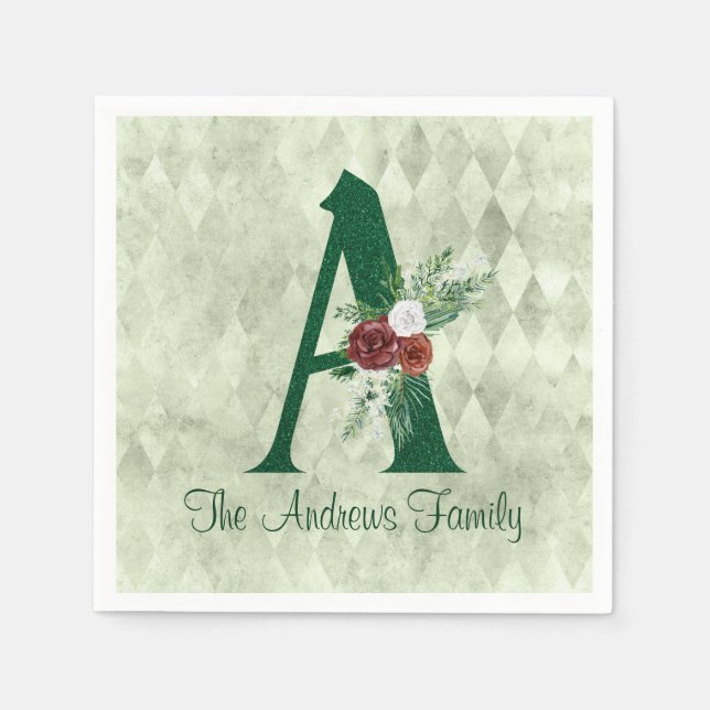 Winter Floral Illustrated Letter A Personalized   Napkin (Front)