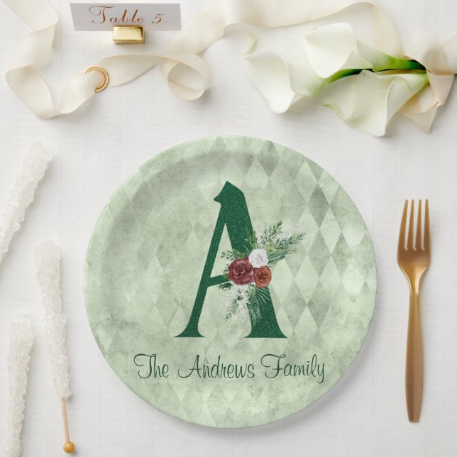Winter Floral Illustrated Letter A Personalized  Paper Plate (Wedding)