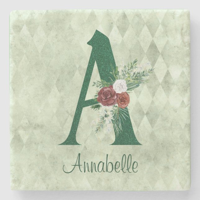 Winter Floral Illustrated Letter A Personalized  Stone Coaster (Front)