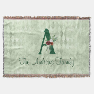 Winter Floral Illustrated Letter A Personalized Throw Blanket