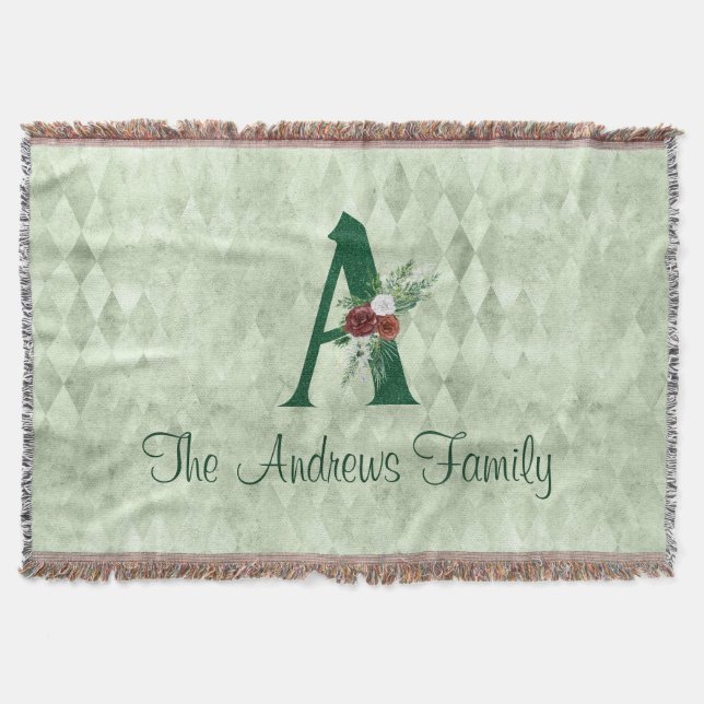 Winter Floral Illustrated Letter A Personalized   Throw Blanket (Front)
